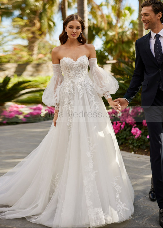 Ivory Lace Tulle Princess Wedding Dress With Detachable Puffy Sleeves